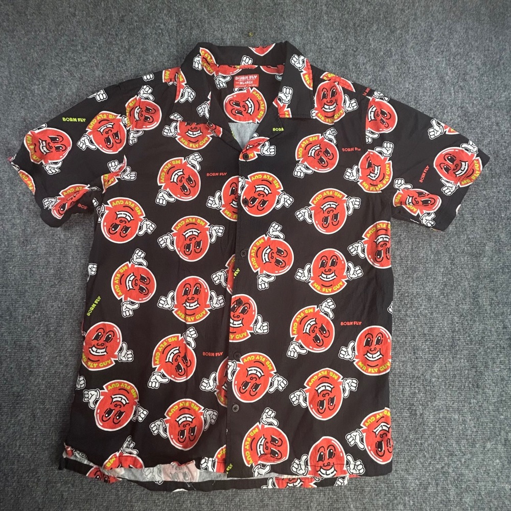 Born Fly Mr Fly Guy Graphic Button Down Shirt Mens XL Black Short Sleeve Streetw